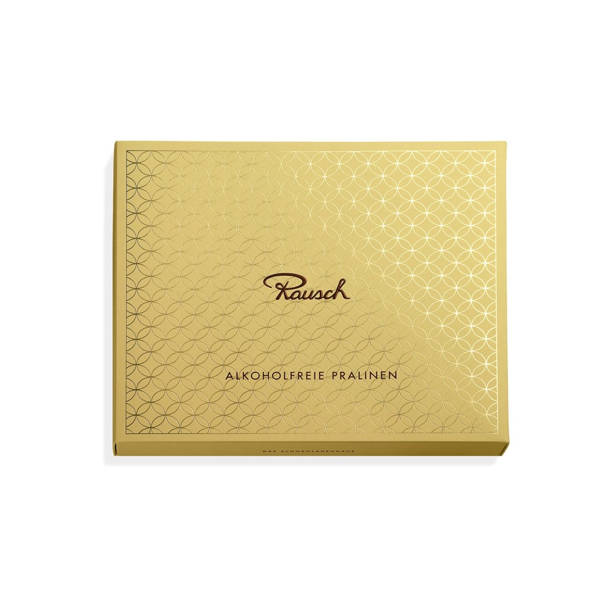 Edle gelbe Pralinenschachtel von Rausch mit der Aufschrift "Alkoholfreie Pralinen".