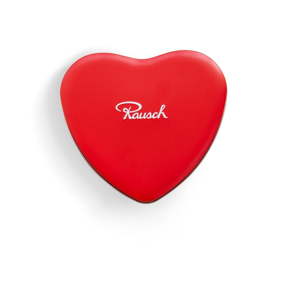 Rote herzförmige Dose mit Rausch-Logo.