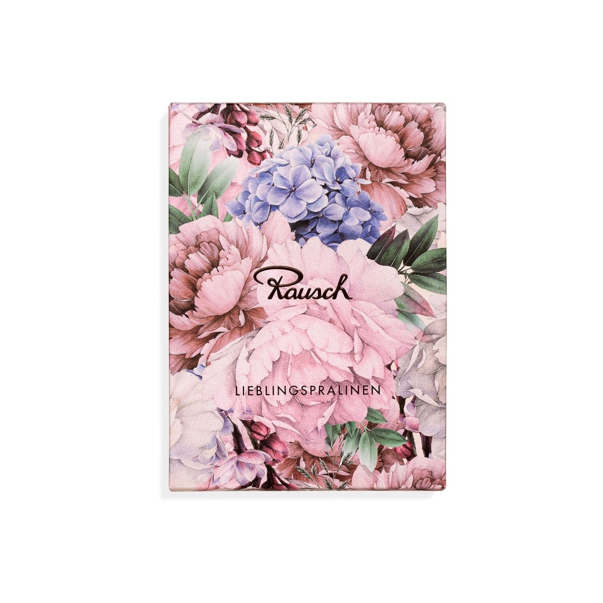 Rausch Pralinenverpackung mit buntem Blumenmuster und Schriftzug „Lieblingspralinen“.