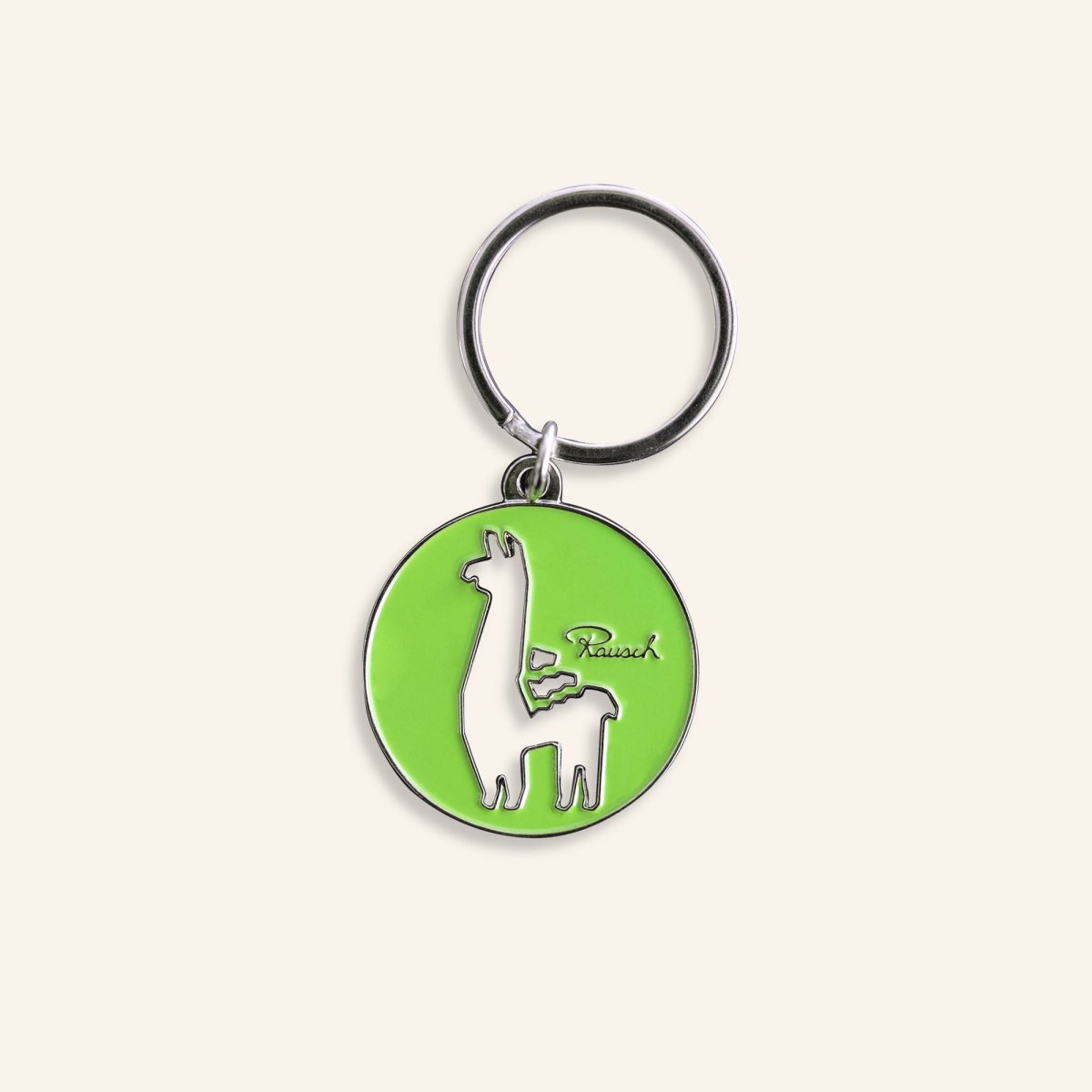 Grüner Schlüsselanhänger mit Llama-Design und Rausch-Logo.