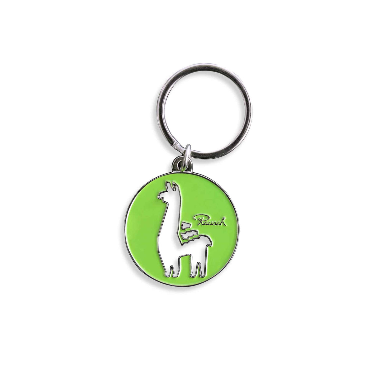 Schlüsselanhänger mit Llama-Design und grünem Hintergrund, logo von Rausch Schokoladen.