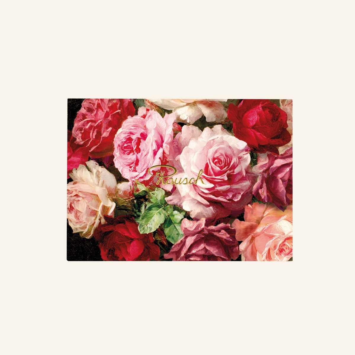 Bunte Rosenblüten in Rosa-, Rot- und Pfirsichtönen dicht angeordnet. - Rausch