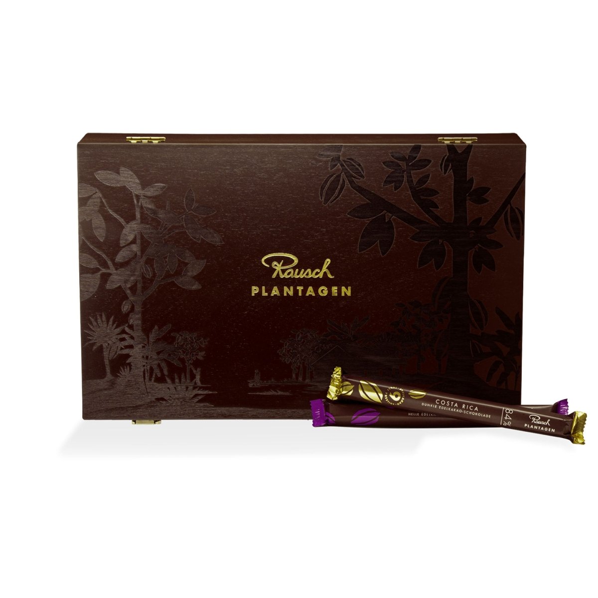 Elegante Holzbox von Rausch mit Edel-Schokoladensticks.