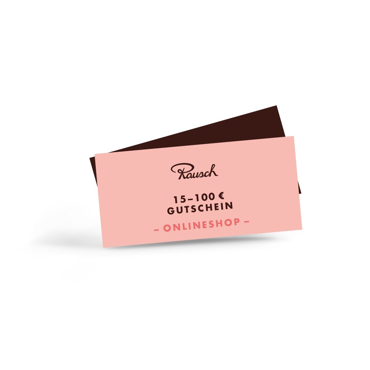 Rausch Geschenkgutschein in rosa für 15-100 € für den Onlineshop, vor weißem Hintergrund.