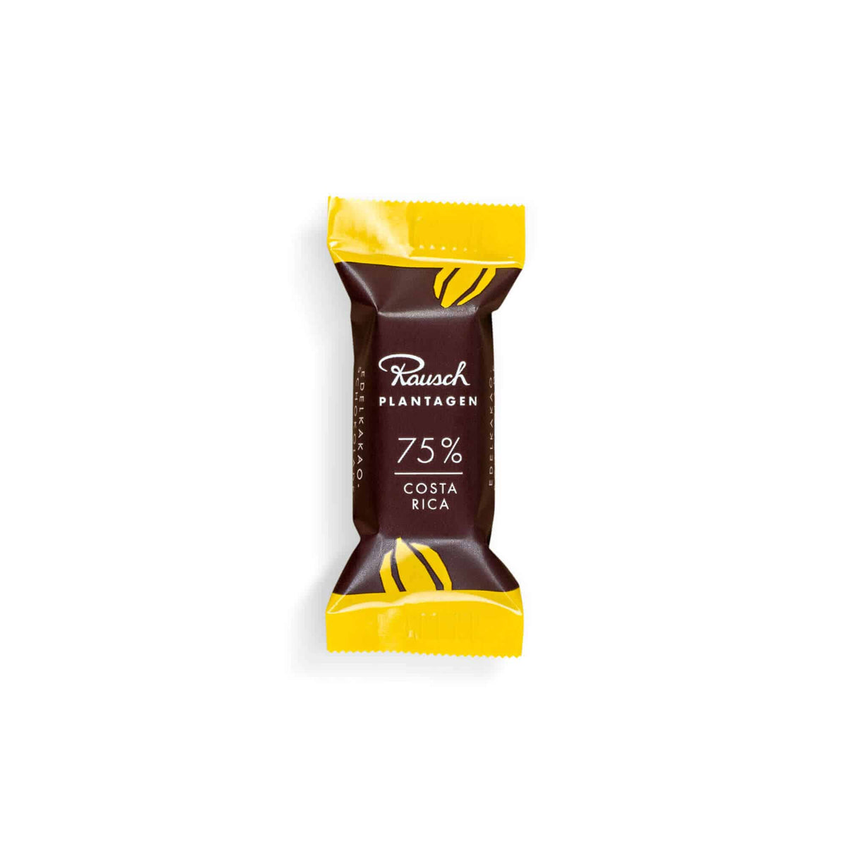 Rausch Schokolade, 75% Kakao aus Costa Rica, in gelb-brauner Verpackung auf weißem Hintergrund.