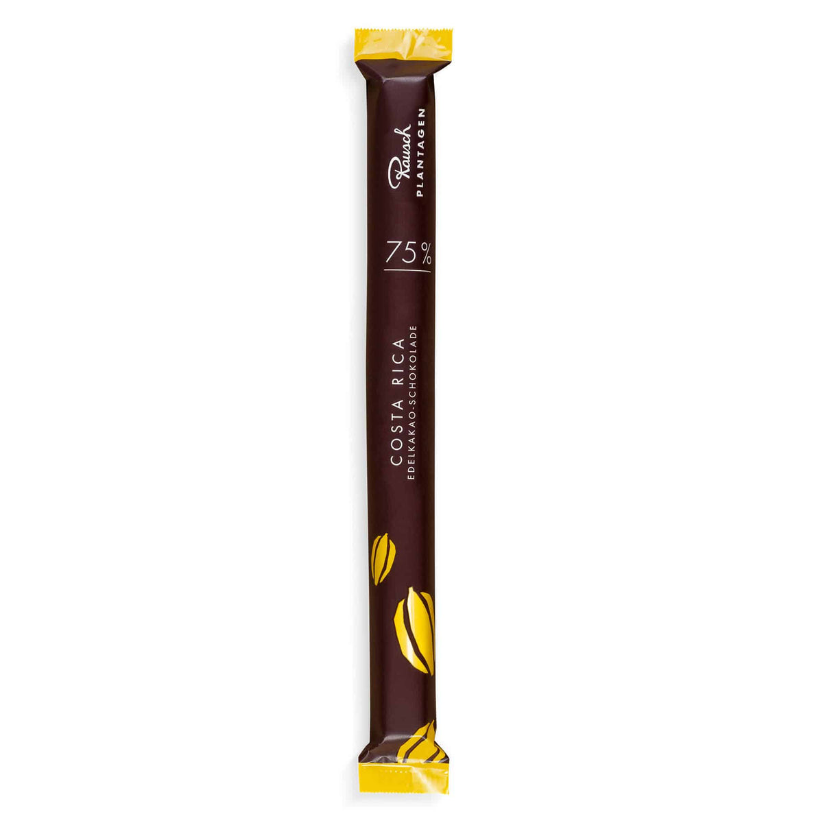 Dunkler Schokoladenstick Costa Rica 75% mit gelben Kakaobohnen-Motiven von Rausch.