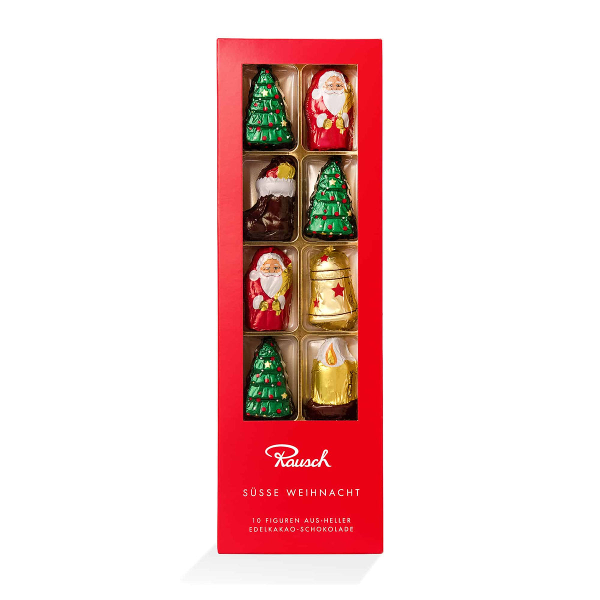 Rote Schachtel mit 10 weihnachtlichen Schokoladenfiguren, darunter Weihnachtsmänner und Tannenbäume.