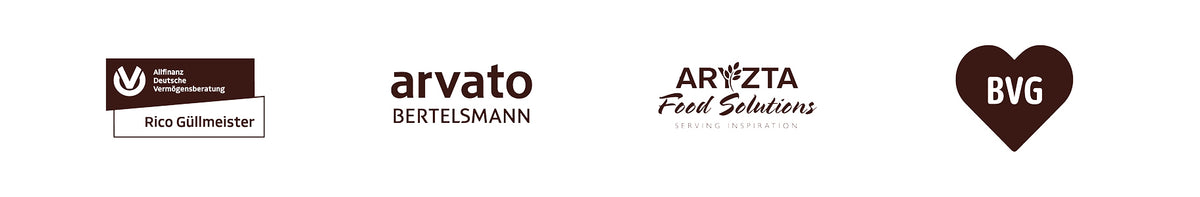 Logos von Rico Glühmeister, arvato Bertelsmann, Aryzta Food Solutions und BVG auf weißem Hintergrund.