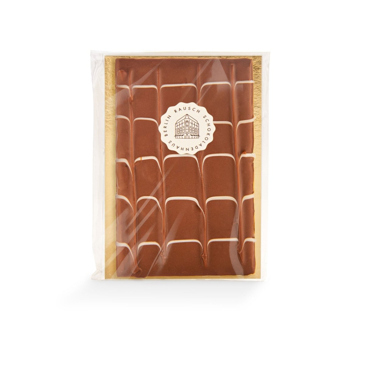 Verpackte Rausch Schokolade, Karamellcrunch, mit dekorativem Muster und goldenem Rand.