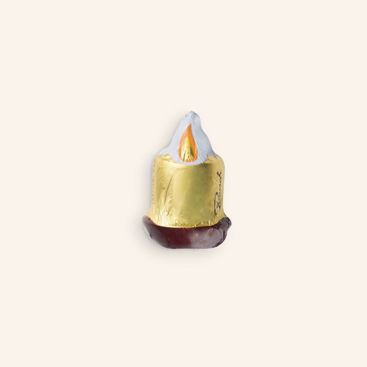 Goldene Schokoladenkerze mit weißem Docht und Flammenmotiv, eingewickelt in Folie.