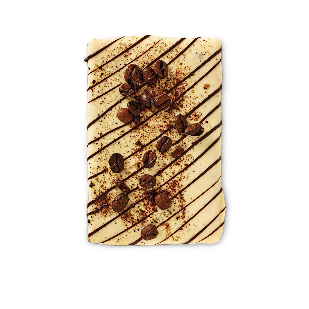Handgemachte Cappuccino-Schokolade mit Kaffeebohnen und Schokoladenstreifen dekoriert.